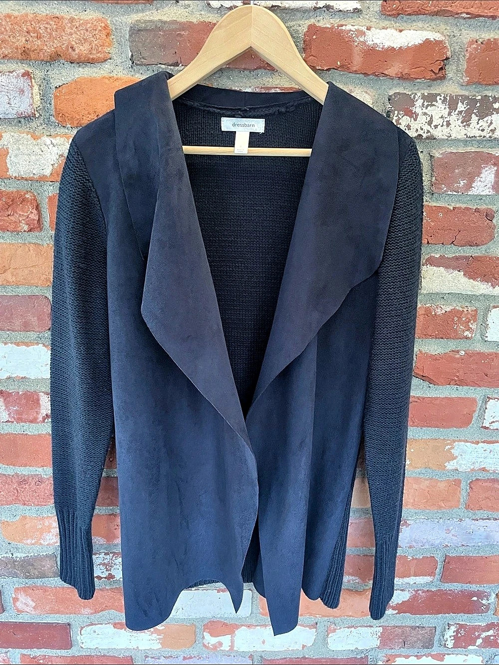 Cozy Dressbarn Draped Cardigan in Navy w fox suede Size Small